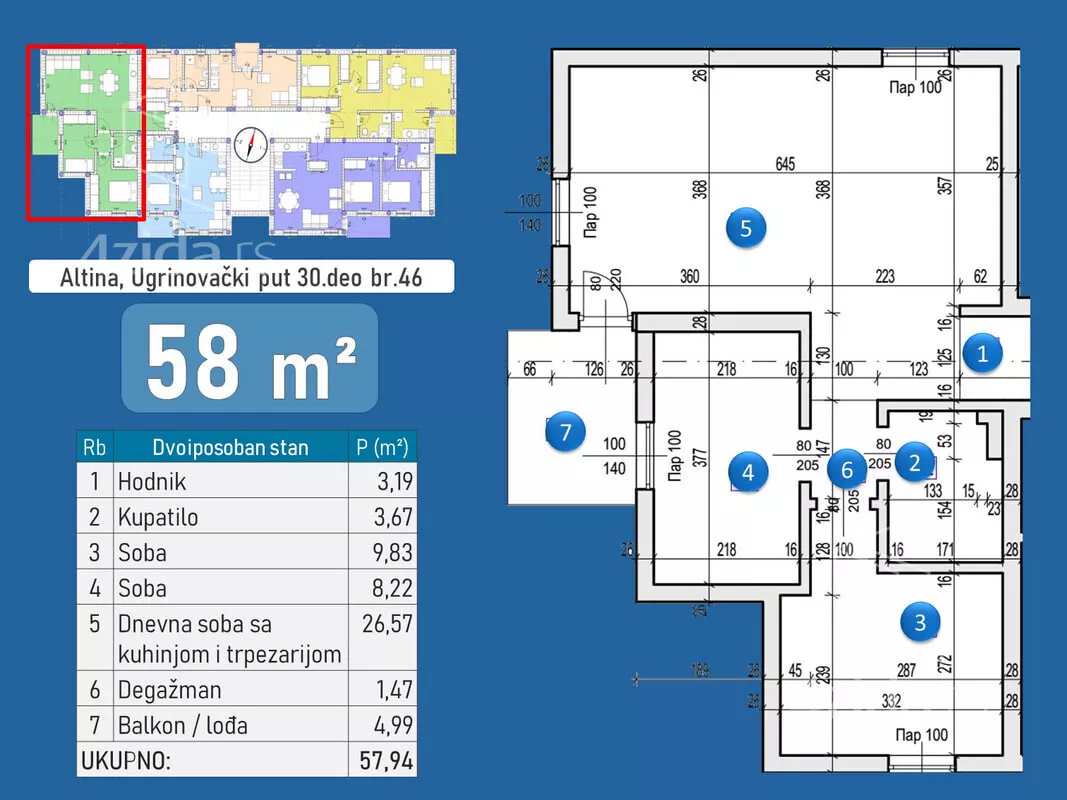 Dvoiposoban stan na prodaju, Ugrinovački Put 30 Deo 44, 107.300€, 55m² — 2