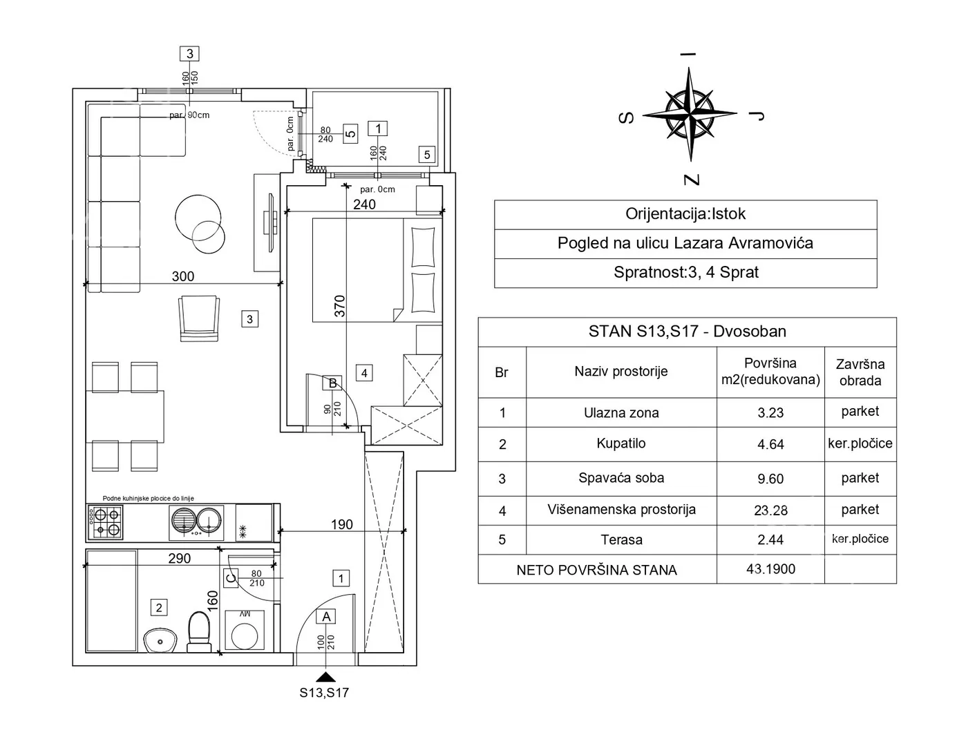 Dvosoban stan na prodaju, Lazara Avramovića, 129.570€, 43m² — 3