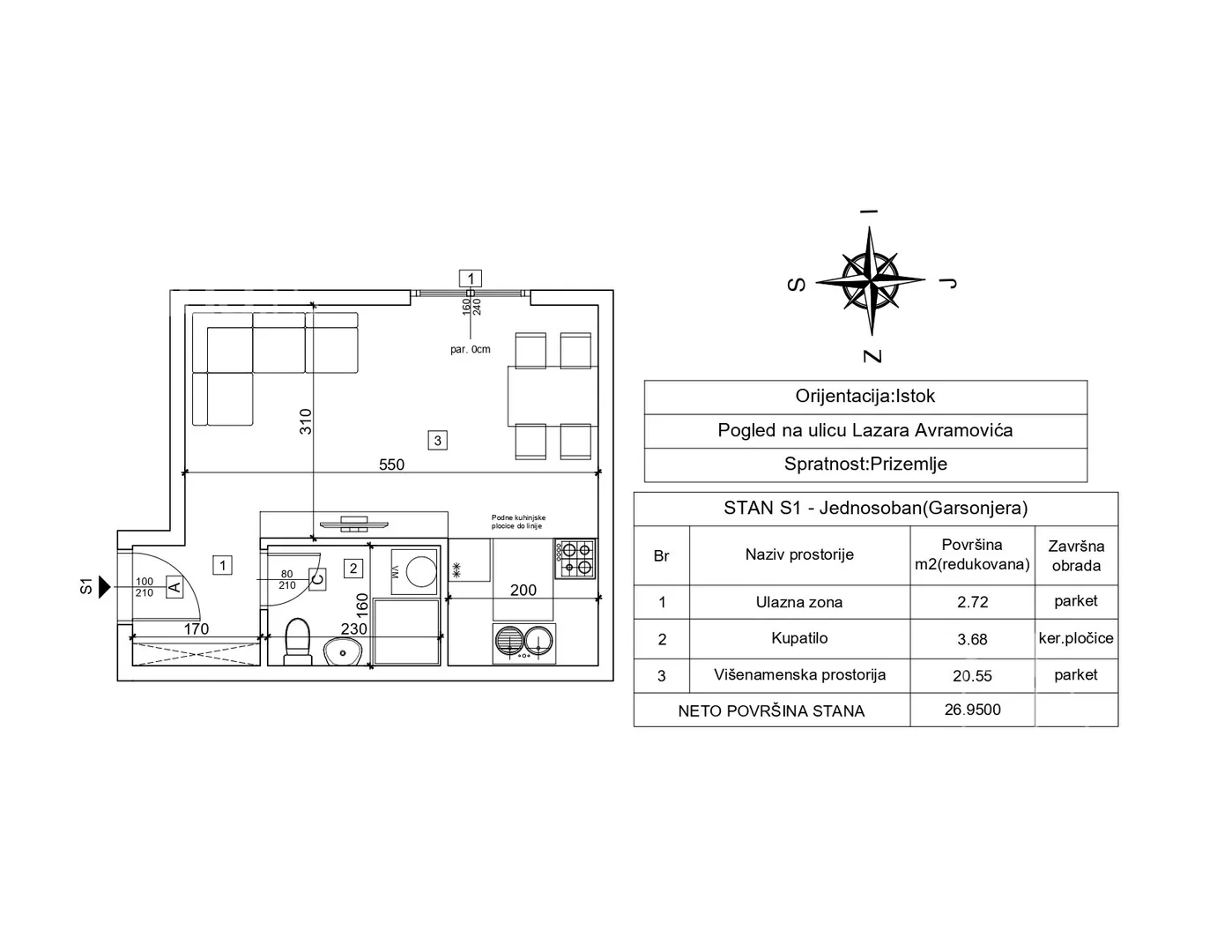 Jednosoban stan na prodaju, Lazara Avramovića, 83.545€, 26m² — 3