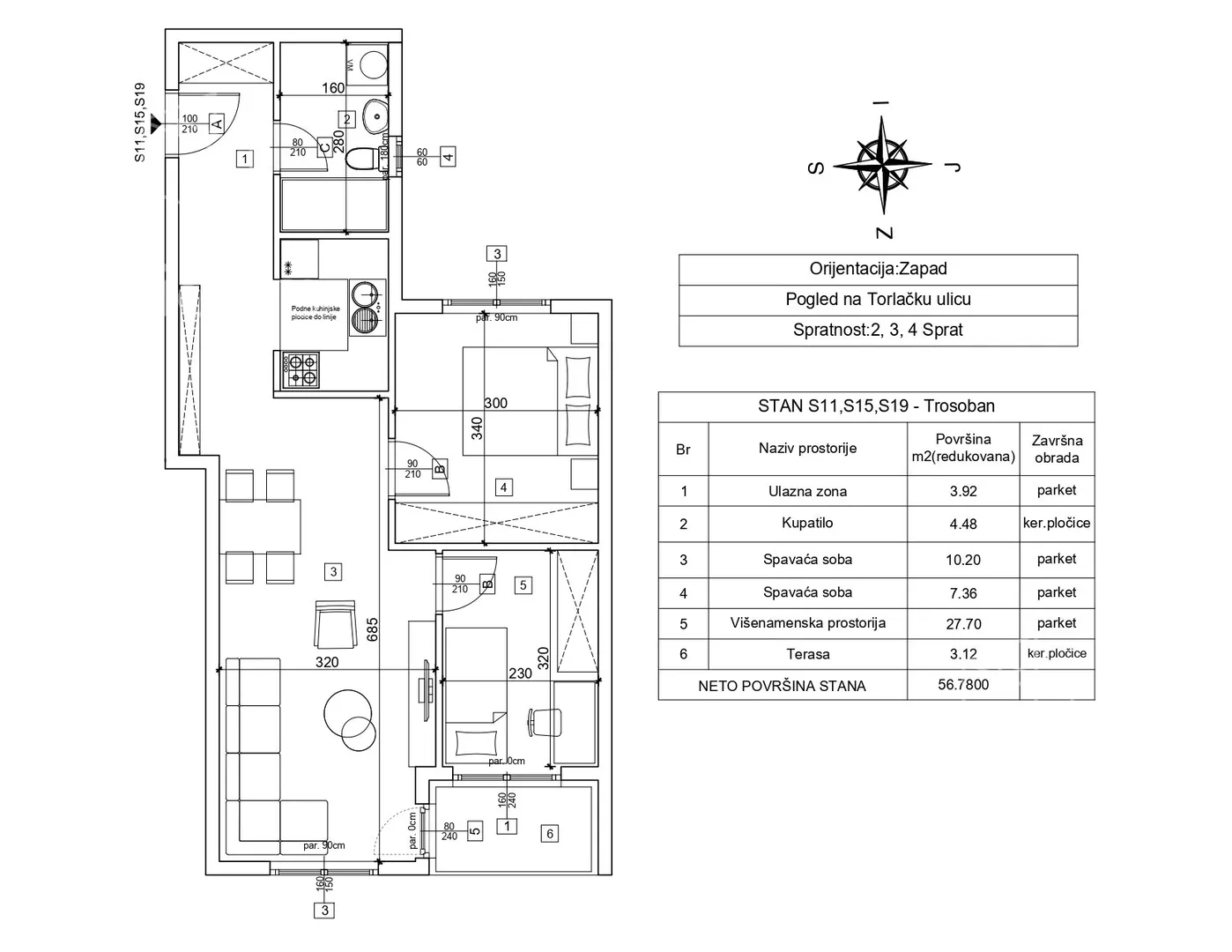 Trosoban stan na prodaju, Lazara Avramovića, 170.340€, 56m² — 3