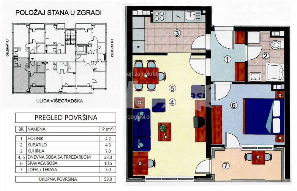 Višegradska 53 kvm, opremljen stan + garažno mesto — 2
